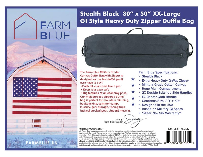 Farm Blue حقيبة دوفيل زيبير باللون الأزرق من PRimDaYCrACrA - حجم ضخم 30"x 50" XX كبير عسكري - مع حزام كتف - الأفضل للتخييم والغسيل والنقل والتخزين - سحابات YKK و3 مقابض (أسود، XX-كبير) - Image 5